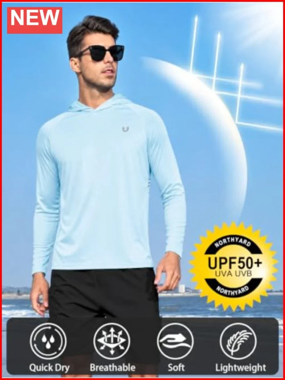 Men's UPF 50+ Long Sleeve Rash Guard Sun Shirt Hoodie